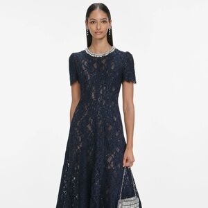 self-portrait Navy Lace Embellished Midi Dress Size US8 -  MSRP $750 - NWT